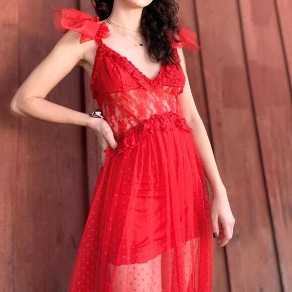 NWT Choosy OG Bae Dress Red Lace Sheer Polka Dot Mesh Sexy Dress Size 18 and 16 - Picture 2 of 10